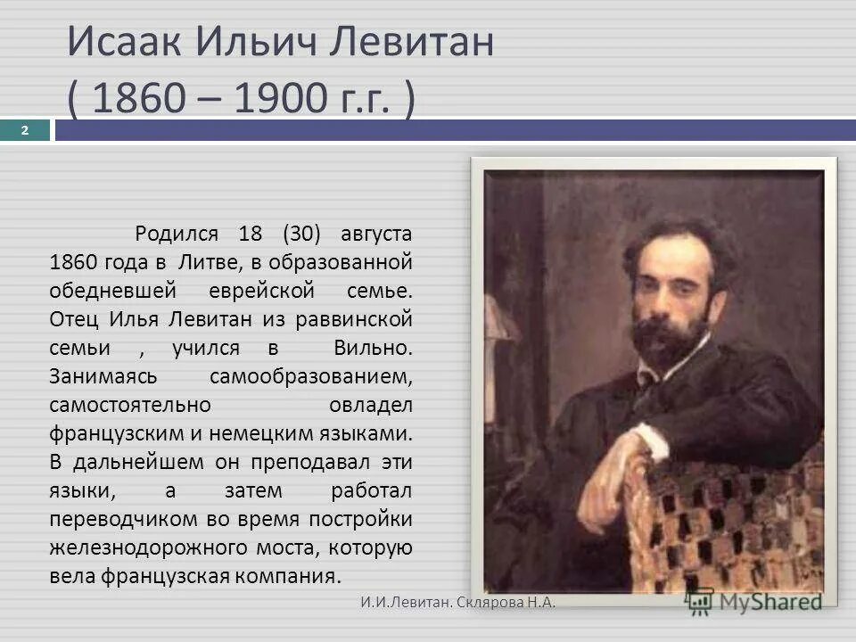 Название города с которым связана деятельность левитана. Родители Левитана Исаака Ильича.