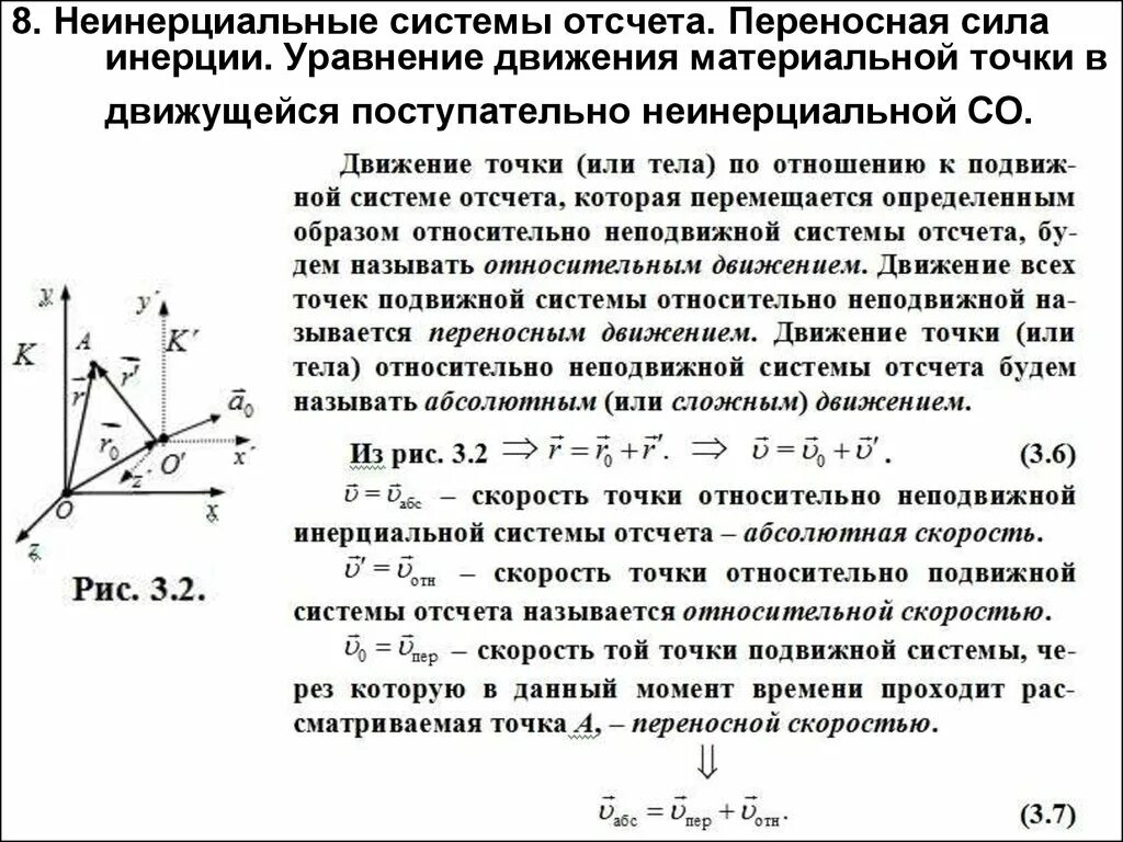 Момент времени движения материальной точки. Динамика поступательного движения в системе отсчета. Инерционная система отсчета 10. Неинерциальные системы силы инерции. Силы в неинерциальных системах отсчета.