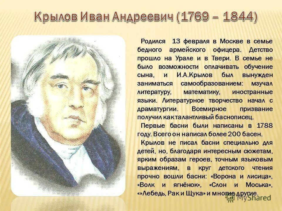 Конспект по теме история жизни. География Ивана Андреевича Крылова.