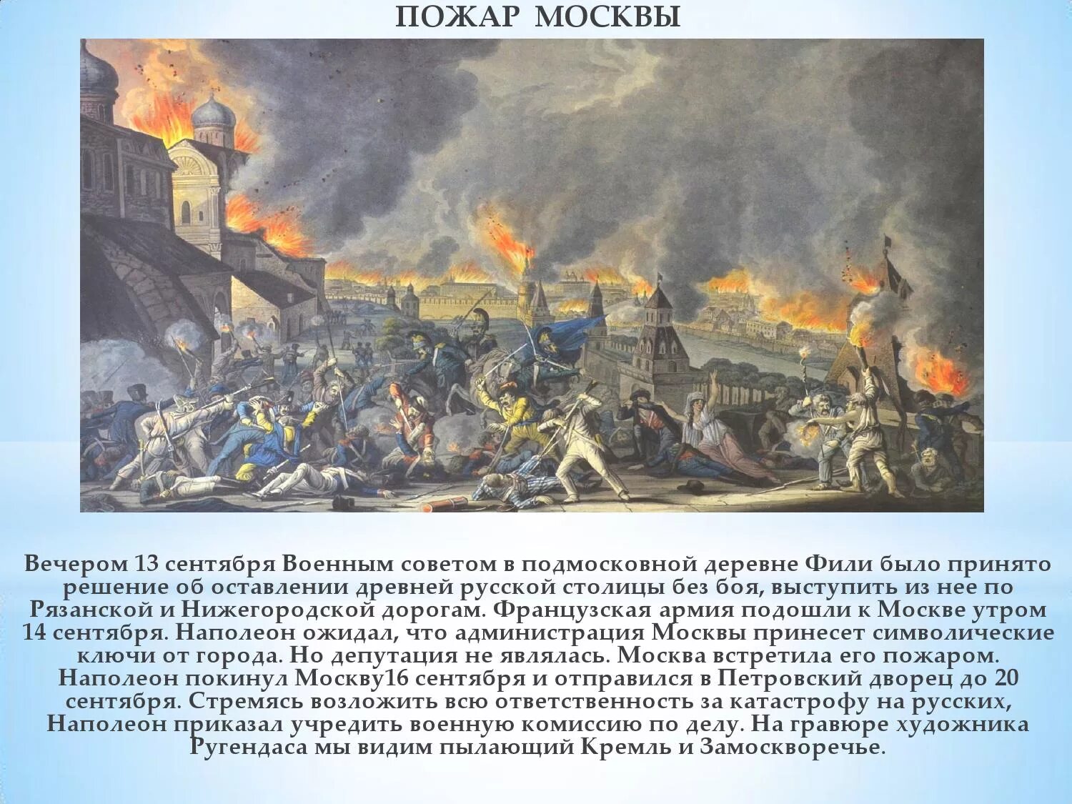 Наполеон сжег Москву в 1812. Пожар в Москве 1812 года. Причины московского пожара