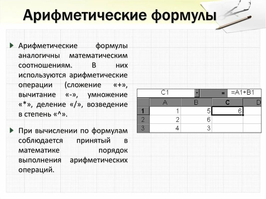 Формула для электронной таблицы. Формула арифметической. Арифметические формулы в эксель. Арифметические операции в эксель.