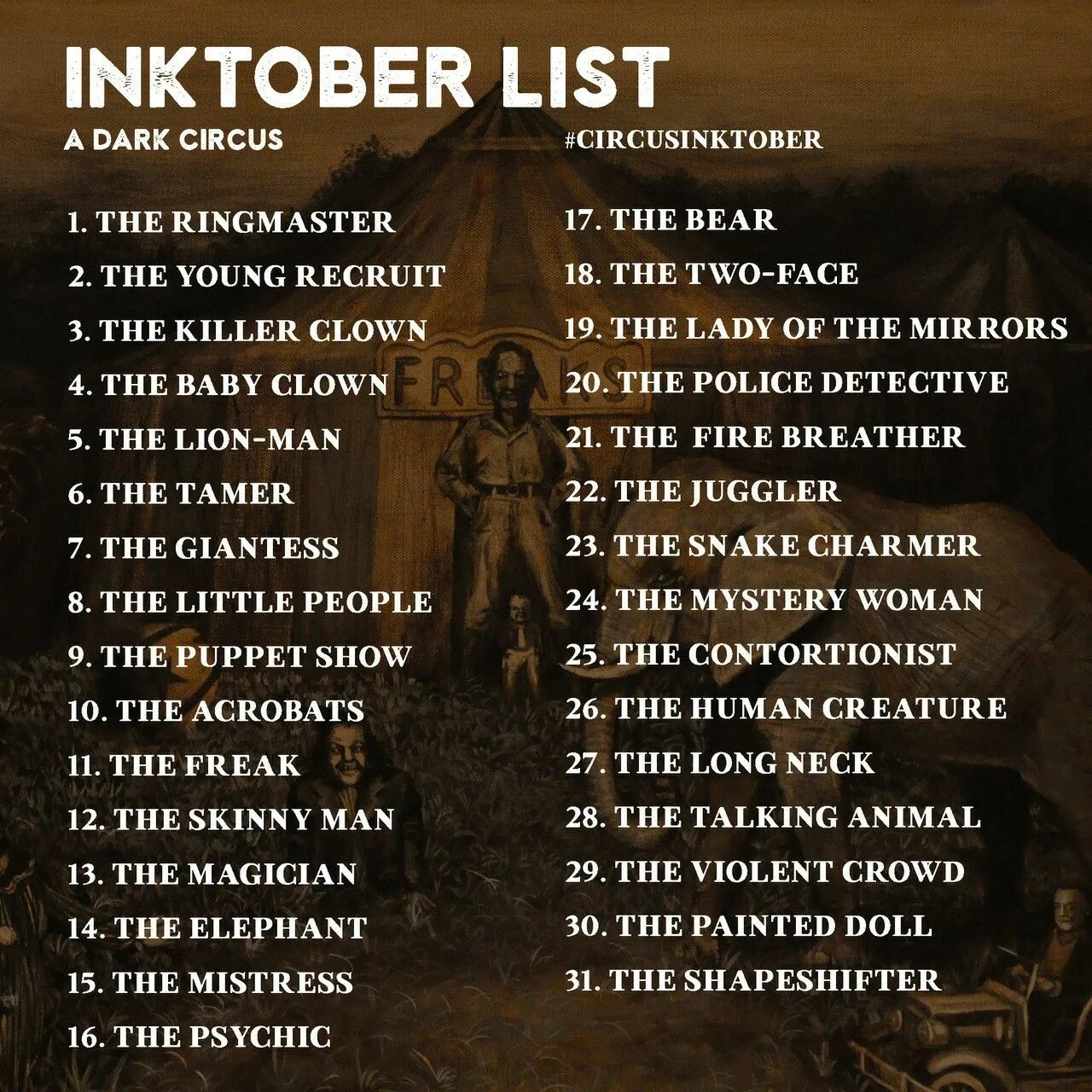 Dark list. Инктобер 2018. челлендж монстров нарисовать. art challenge цирк. inktober dark list.