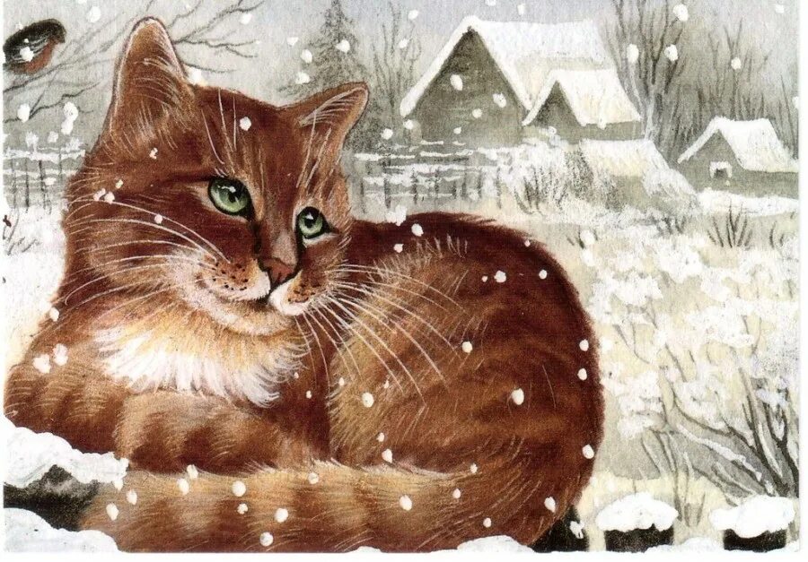 Птички акварелью художник maria stezhko. Окно с зимним пейзажем. Зимнее утро и кот картинки. Милые зимние рисунки. Рыжий кот зимой.