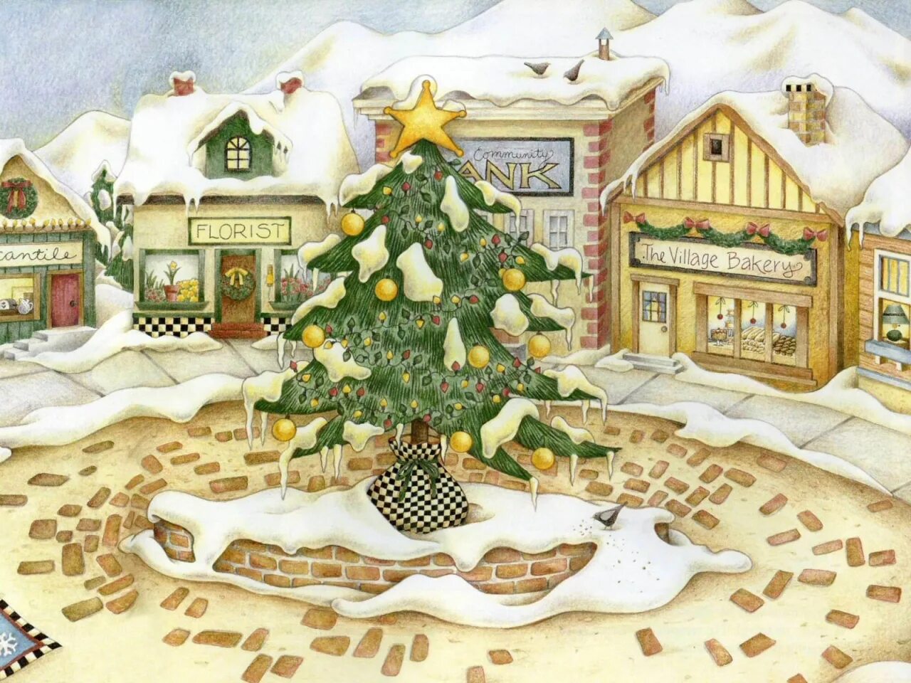 новогодний город рисование. новогодний город рисование. вера добрынинская художник. елка в городе рисунок. новогодний домик.