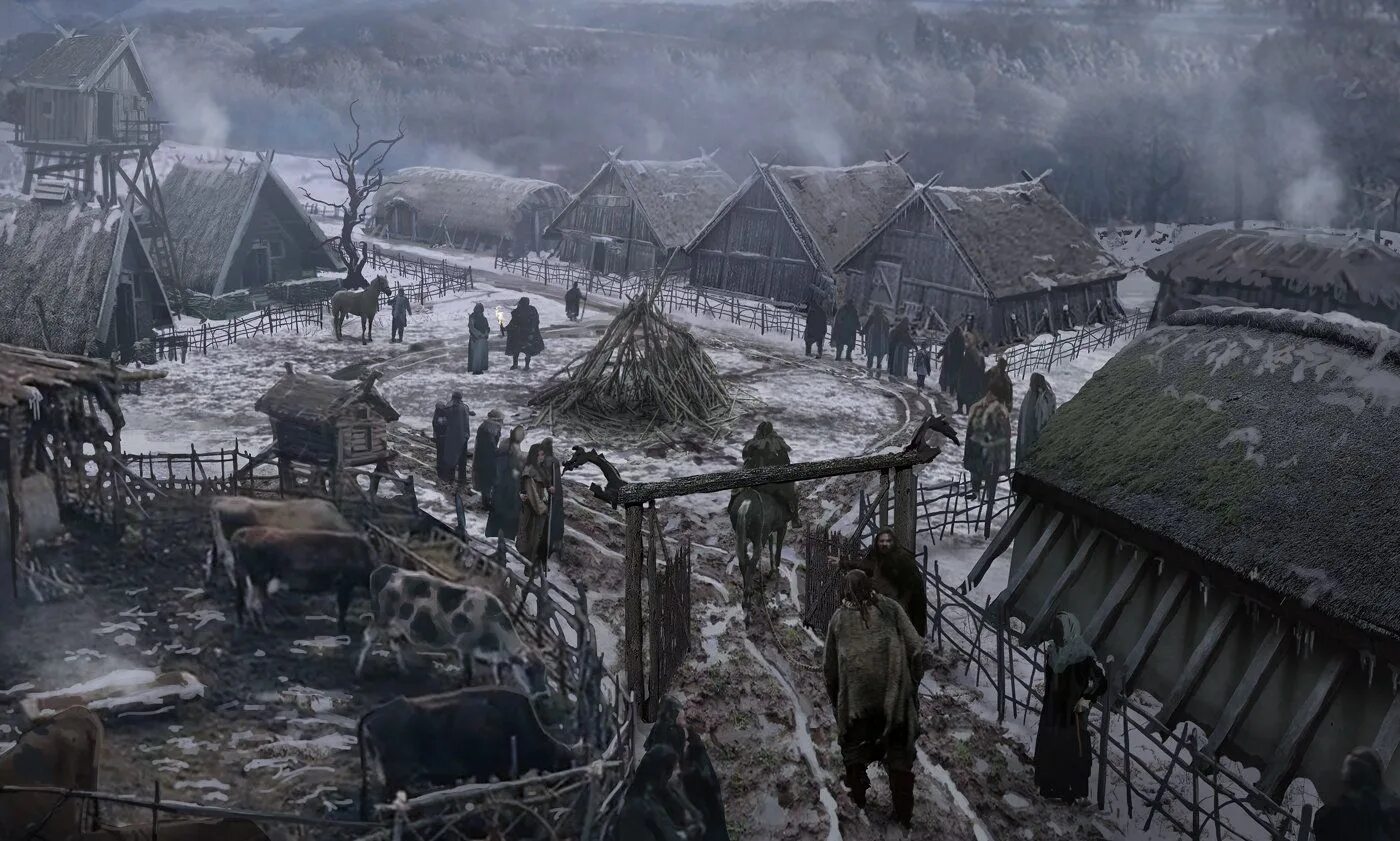 Нападение на деревню. Деревня викингов поселение. Деревни викингов Вальхейм. Деревня викингов арт. Каупанг город викингов.