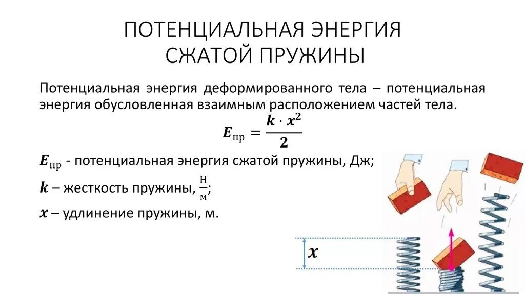 Е кинетическая максимальная. Потенциальная энергия растянутой пружины формула. Потенциальная энергия упруго сжатой пружины. Максимальная потенциальная энергия пружины формула. Потенциальная энергия при деформации пружины.