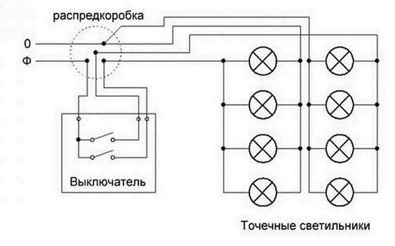 Выключи точечный свет. Схема монтажа проводки точечные светильники. схема последовательного соединения точечных светильников. принципиальная электрическая схема подключения светильника. схема подключения потолочных точечных светильников 220в/12в.