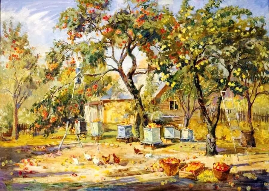 Картина сад осенью. Виктор Багров медовый рай. Багров в.ю. яблочный спас. Багров яблочный спас. Живопись Виктор Багров.
