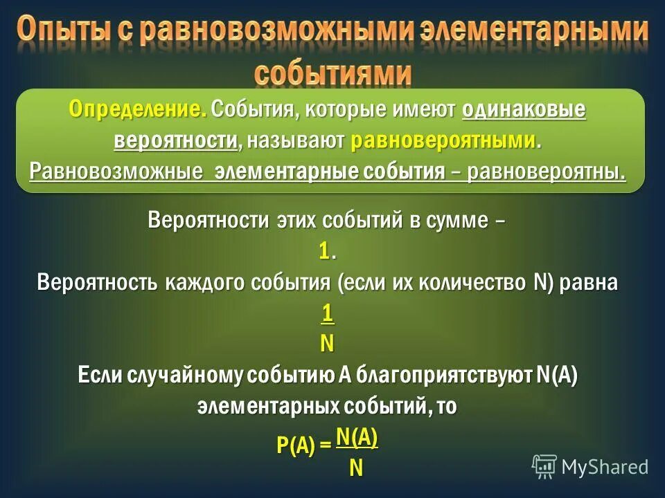Какие элементарные события называют равновозможными приведите примеры Вероятность случайного события презентация по Алгебре