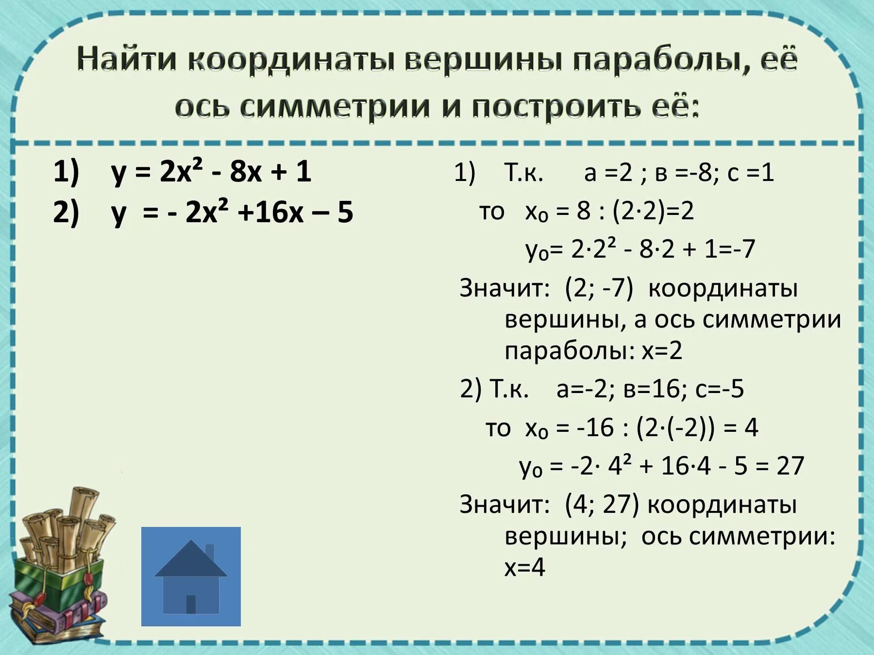 Формула разложения квадратного трехчлена на множители 8 класс. Разложение квадратного уравнения. Разложить на множители квадратное уравнение. Найти координаты вершины параболы.