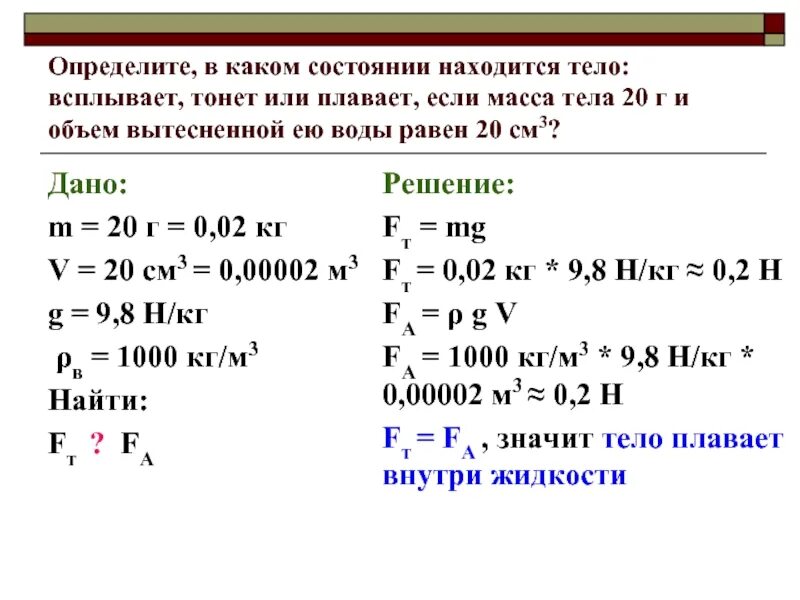 Тело объемом 20 см3 состоит. Задачи на нахождение плотности плавающего тела. Задачи на плавание тел. Определить массу тела плавающего в воде. Масса вытесненной воды равна масса груза.