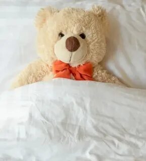 The teddy bear is the bed