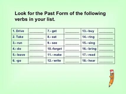 Define the tense of the following verbs