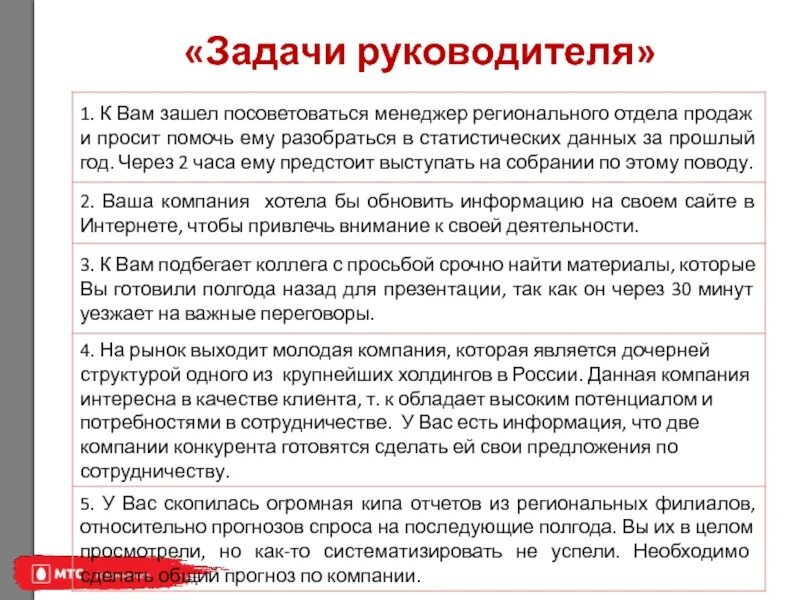 Представьте ситуацию вы руководитель фирмы. Задачи начальника отдела. Ежедневные задачи руководителя. Важные задачи начальнику. Основные задачи руководителя.