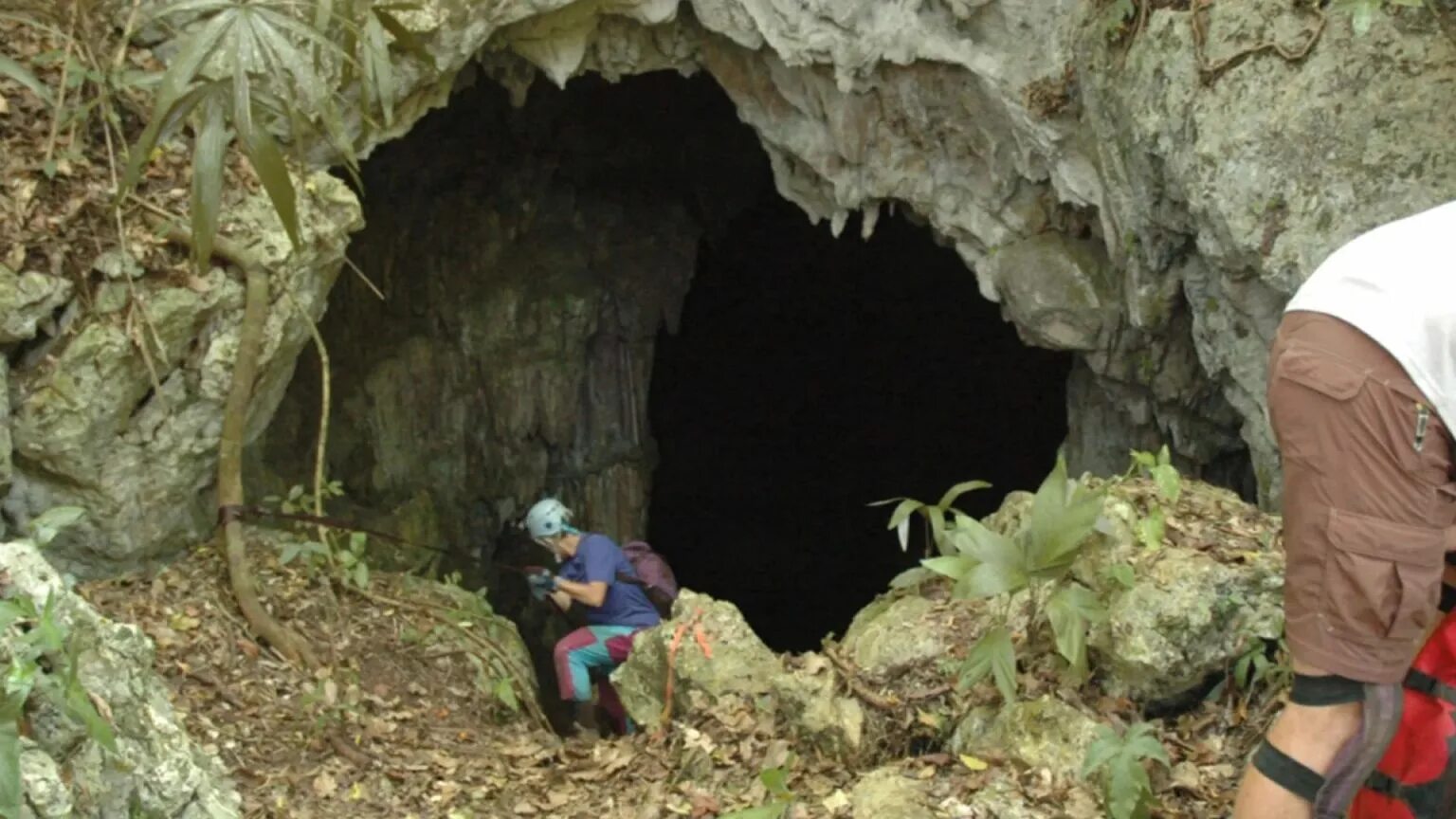 Человек у входа в пещеру. Ученые в пещере.