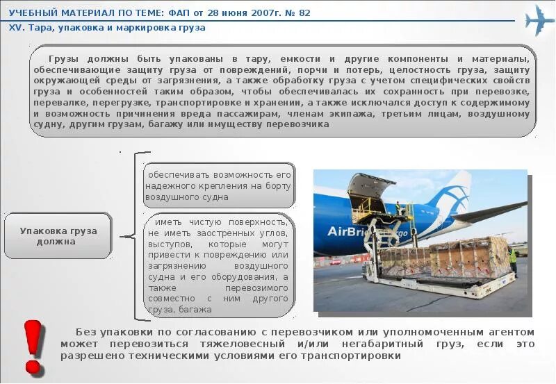 Перевозка грузов на особых условиях. Воздушная транспортировка грузов. Перевозка пассажиров и багажа. Требования к упаковке груза при авиаперевозке. Правила воздушных перевозок.