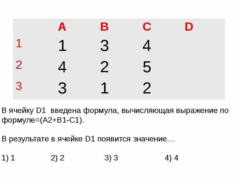 Какая формула будет в ячейке d1. Ячейку d1 введена формула,вычисляющая выражение по формуле a2+b1-c1. Какое значение появится в ячейке b1. В ячейку b2 введена формула a1. 1/A - 1/B формула.