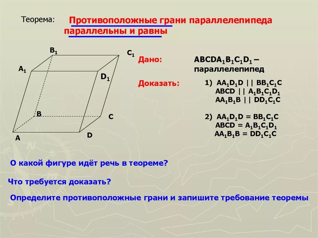 Каждая грань параллелепипеда является. Доказательство противоположные грани параллелепипеда параллельны. Противоположные грани параллелепипеда параллельны и равны. Противоположные грани параллелепипеда параллельны и равны доказать. Свойство противоположных граней параллелепипеда.