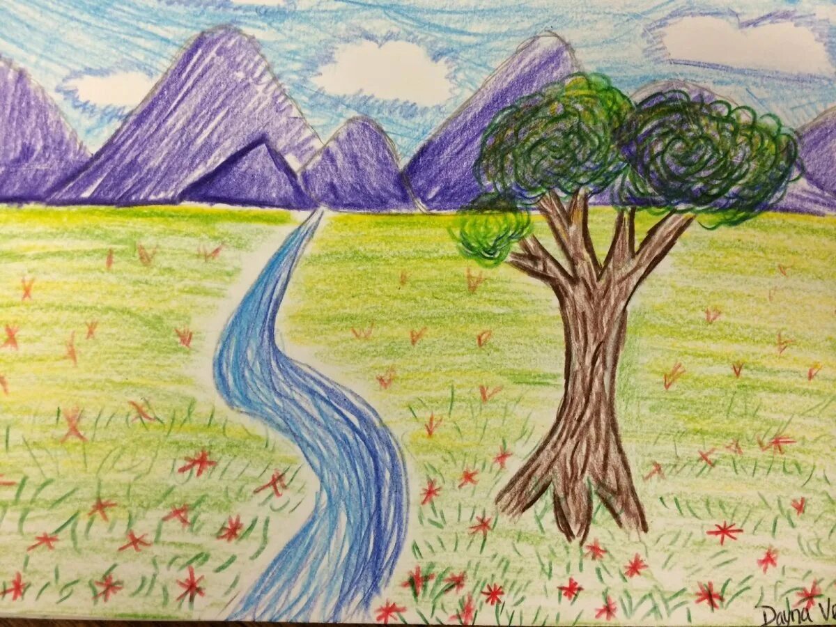 Красивые рисунки 6 класс. Пейзажи для срисовки. Пейзаж цветными карандашами для детей. Детский рисунок природа. Красивые пейзажи для срисовки.