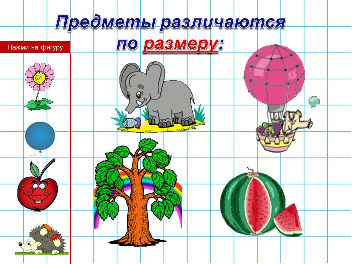 Закреплять умения сравнивать предметы по величине. Сравнить предметы по разным признакам. Сравниваем предметы по форме и размеру. Предметы различаются по размеру. Фигуры и предметы.