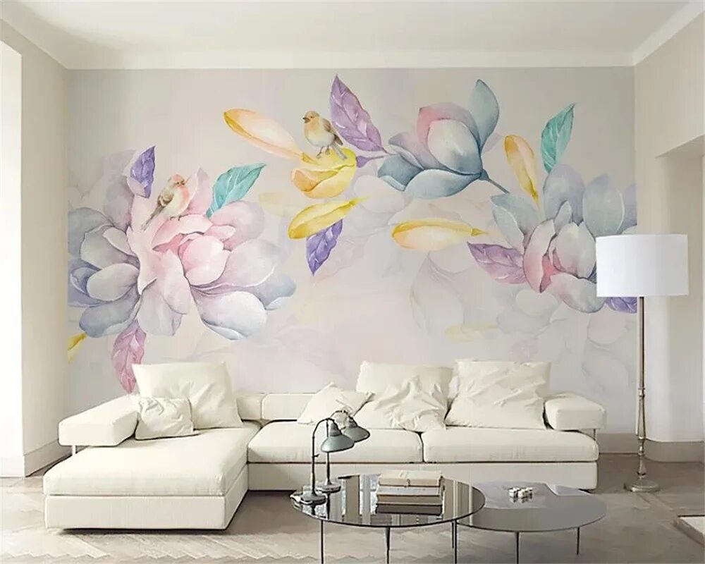 Floral Wall Mural - Neutral Flowers Self Adhesive Fabric Wallpaper - Removable, 