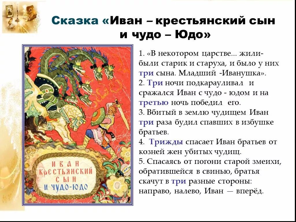 Краткое содержание 1 ночи. Сказки 5 класс. План сказки крестьянский сын и чудо юдо.