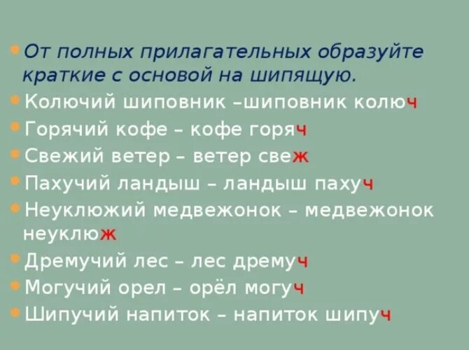 Составить 10 предложений с прилагательными. Правописание кратких прилагательных с основой на шипящую. Краткое прилагательное на конце шипящих. Краткие прилагательные с шипящими на конце. Краткие прилагательные с основой на шипящих.