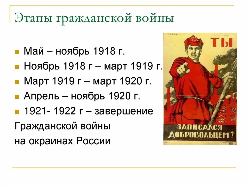 3 Этап гражданской войны 1917-1922. Этапы гражданской войны 1918-1920. Второй этап гражданской войны с ноября 1918- апрель 1920. Октябрь 1917 октябрь 1922