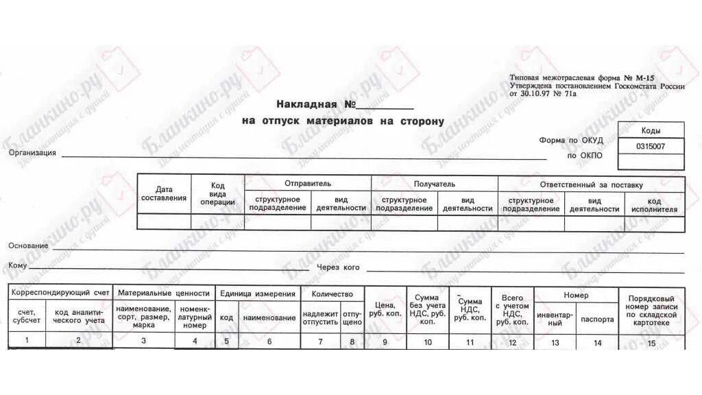 Накладная ОКУД 0315007. Накладной № м-15. Форма м15 накладная на отпуск материалов. М15 давальческая накладная.