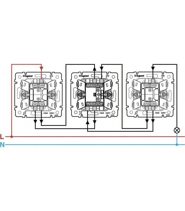 Legrand переключатель двухклавишный схема. Legrand Valena перекрестный выключатель схема. Проходной переключатель с 3-х мест Легранд. Legrand двухклавишный выключатель схема. 3 проходных двухклавишных выключателя