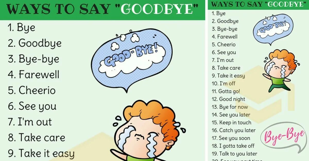 Ways to say Goodbye. Ways to say Goodbye in English. Ways to say Bye. Different ways to say Bye.
