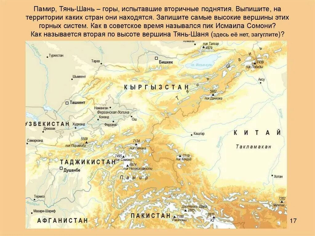 Направление простирания горной системы кавказа. Горы Тянь Шань и Памир на карте. Памир и Тянь Шань. Памир горы на карте Азии.