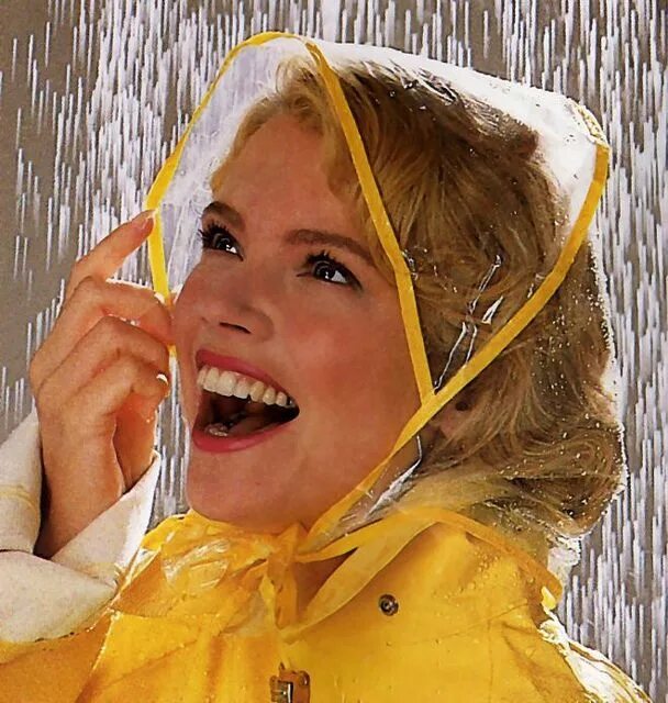 Raincoat with Hood 1950. Raincoat woman in Rain. Yellow Raincoat woman in Rain. Gwen in Yellow Raincoat.