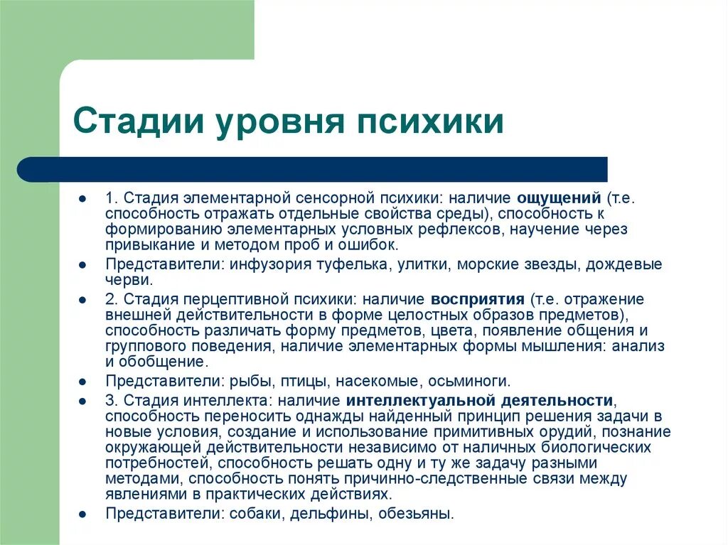 Определенному уровню психического развития соответствуют. Уровни становления психики. стадии формирования психики. стадии развития психики. уровни развития психики.