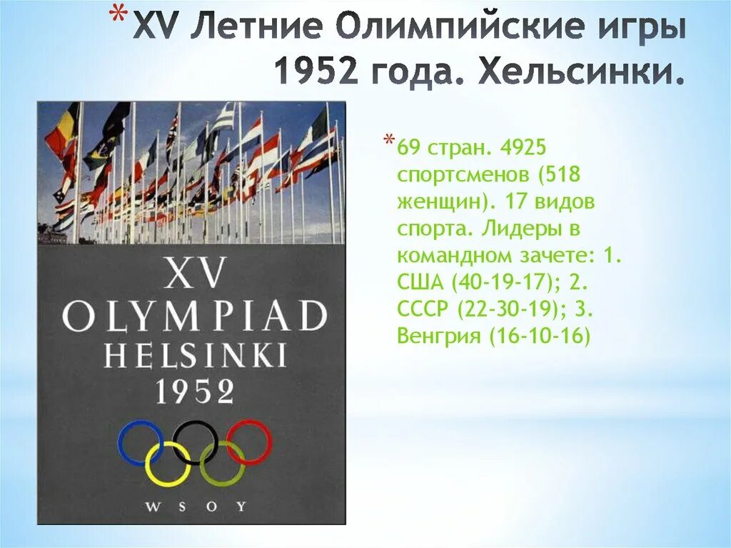 Летние Олимпийские игры в Хельсинки 1952. Летних Олимпийских играх в Хельсинки.. XV летние Олимпийские игры.