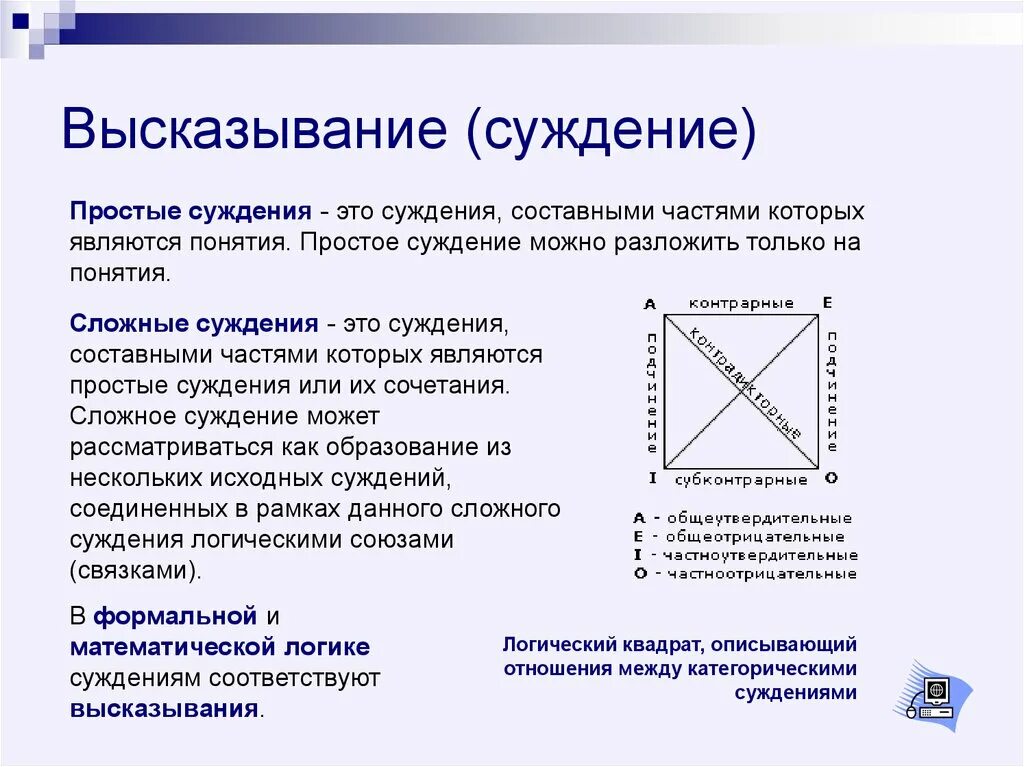 В каком отношении находятся суждения. Суждение в логике. Отношения между суждениями в логике. Примеры суждений. Суждение и высказывание.