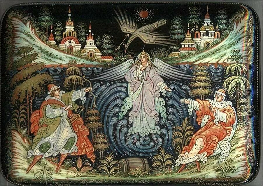 палехская роспись царевна. сказка о царе салтане палех. русская тройка палехская миниатюра. миниатюра на тему сказки. лаковая живопись палехская миниатюра.