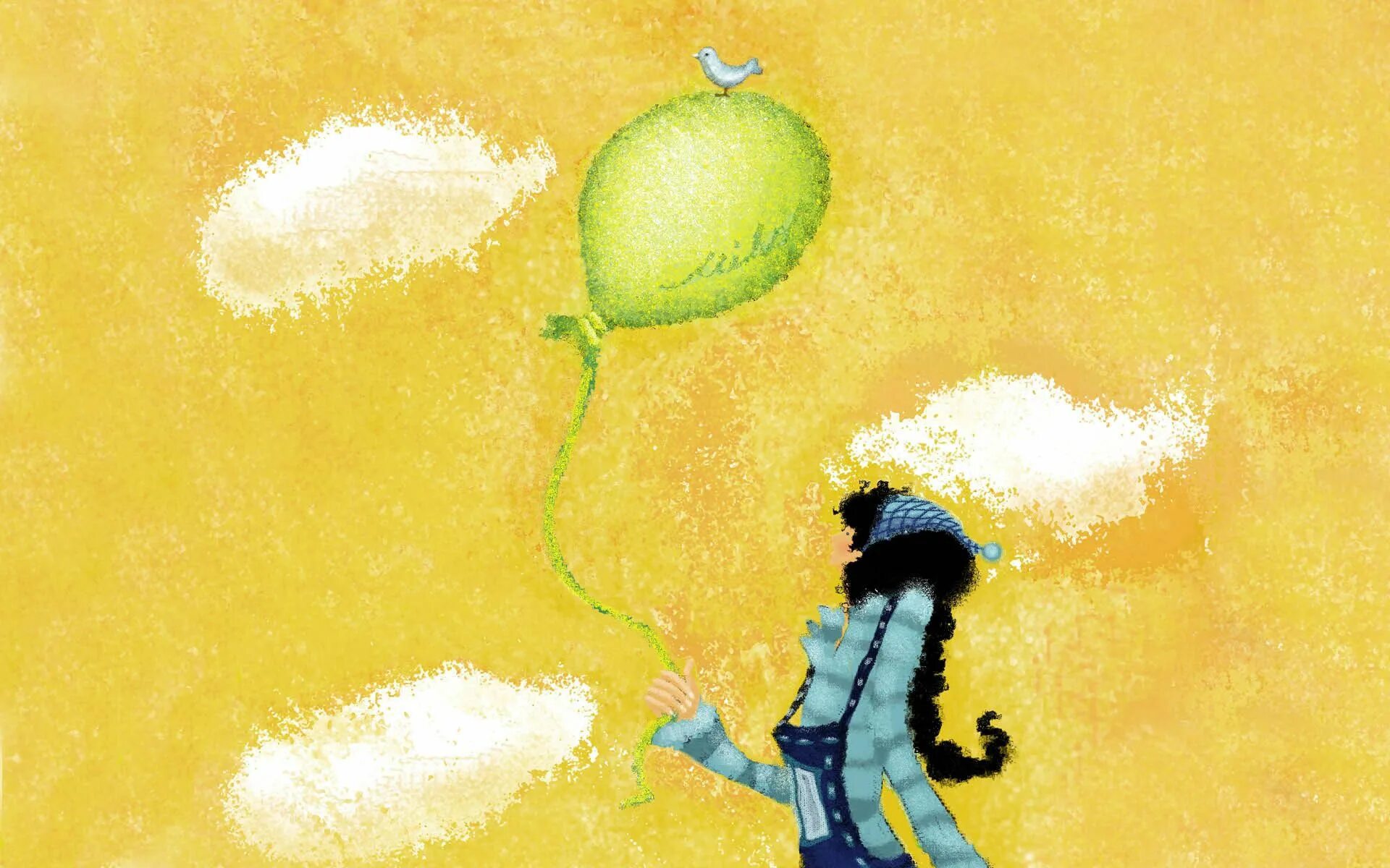 Желтые иллюстрации. Нарисованная девочка с шариками. Картина с воздушными шарами. Иллюстрации небо воздушный шарик.
