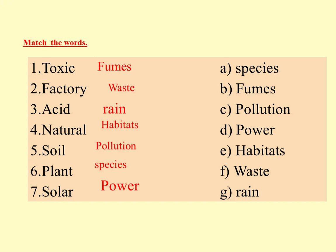 Toxic factory acid natural. Fumes pollution Rain Habitat Power waste. Match the Words Solar endangered. Toxic fumes. A Toxic Factory acid natural Soil Plant Solar b a species b fumes pollution d Power Habitats e f waste § Rain.