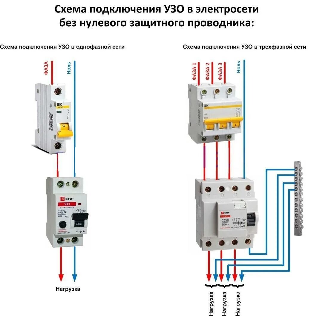 Однофазная нулевая. Схема установки УЗО В щитке 380. УЗО схема подключения с заземлением. Как подключить УЗО И автоматы в щитке на 380. Схема подключения 3х фазного УЗО.