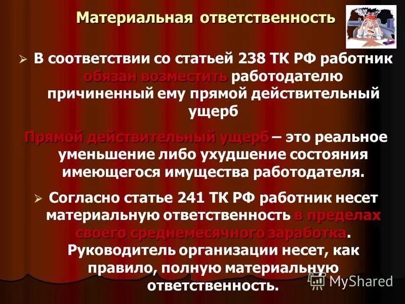 Трудовой кодекс рф штрафы на работе. Материальная ответственность статья. Материальная ответственность работника статьи 238. Материальная ответственность работника ТК РФ. Материальная ответственность работника и работодателя схема.