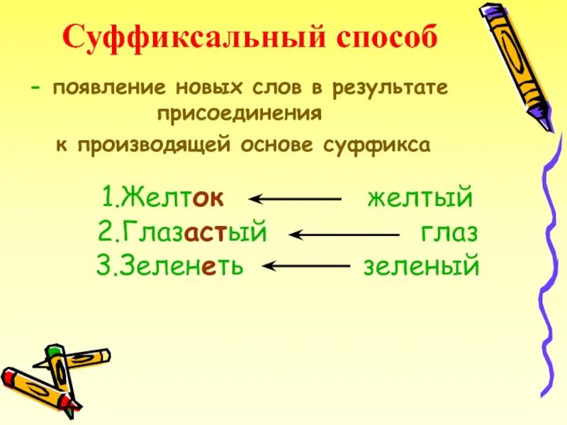 Слова образованные суффиксальным способом существительные. Суффиксальный способ образования существительных. Суффиксальный способ образования сущ. Существительные с суффиксальным способом образования. Суффиксальный способ образования глаголов