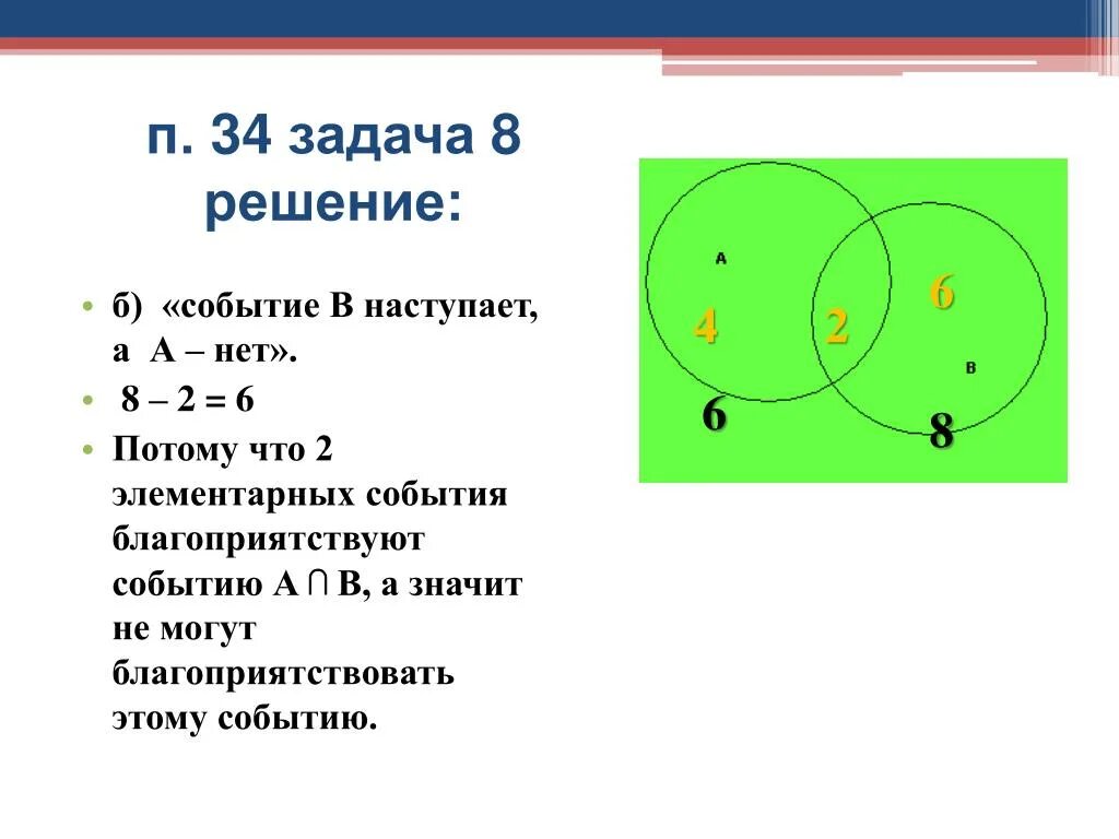 Событию а благоприятствуют 6 элементарных событий. Событие а благоприятствует событию 8 элементарных событий б. Благоприятствующие события. Событие а наступает а б нет. Событие а пересекает событие б