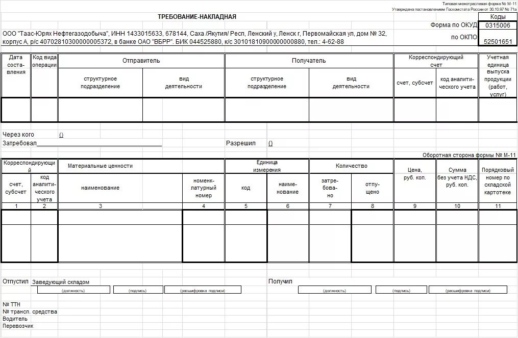 Требования накладная медицинской организации. Требование-накладная форма м-11. Требование накладная ОКУД 0315006. Форма требования накладной м-11. Форма n м-11 "требование-накладная".