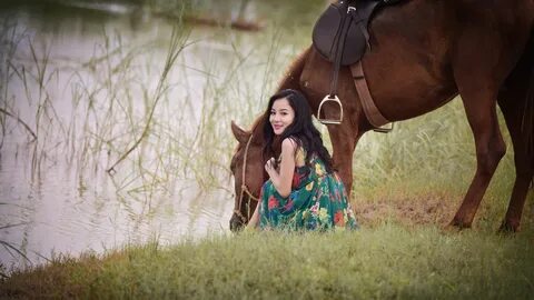 women. photography. brown eyes. smiling. model. horse like mammal. black ha...