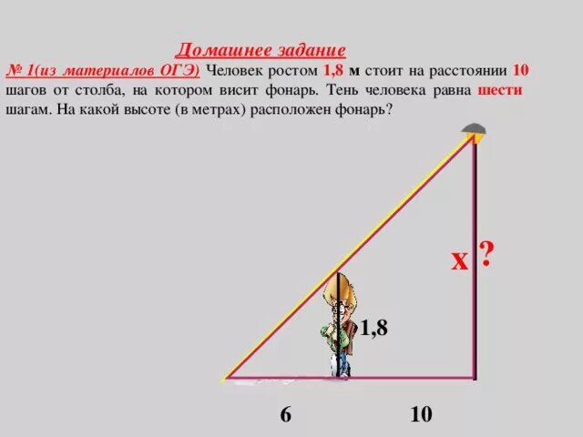 Задачи ОГЭ на подобие треугольников. Задачи на подобие треугольников и с практическим решением. Задача с человеком и фонарем. Задачи на тень человека. На расстоянии 10 м можно