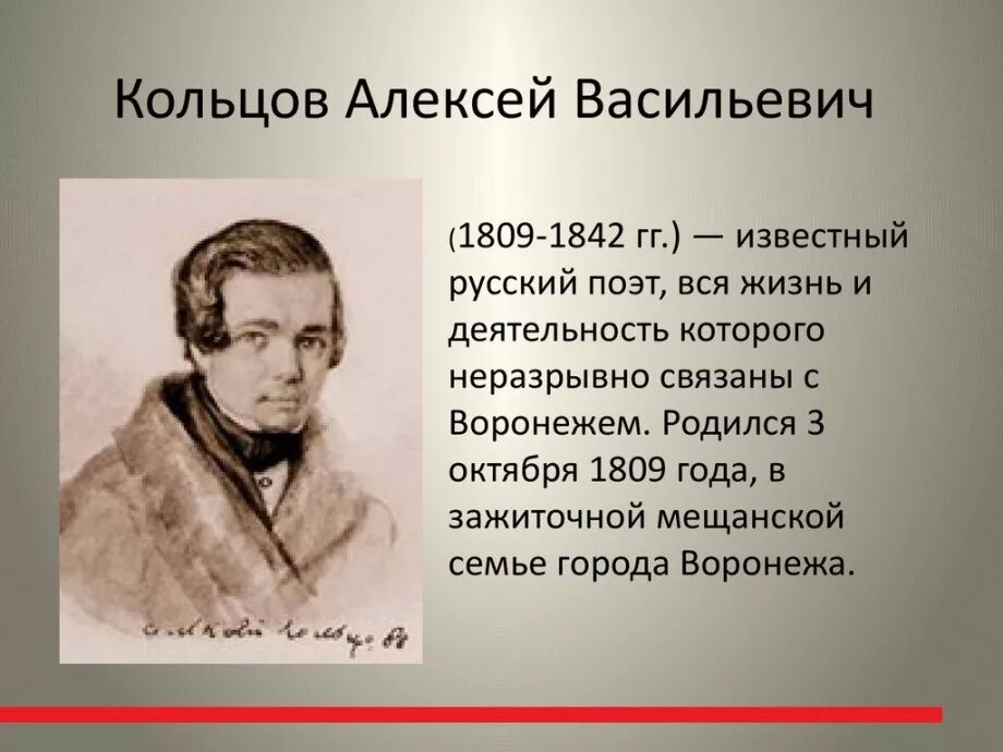 Русские поэты года жизни. Детство Кольцова Алексея Васильевича. Биография Кольцова.