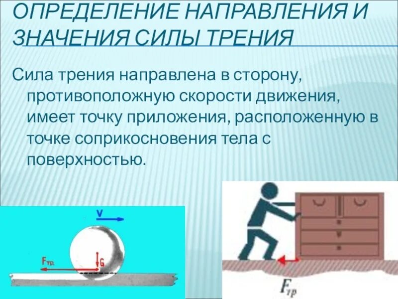 Направление действия силы противоположно. Точка приложения силы трения 7 класс. Направление силы трения. Сила трения направлена в сторону. Сила трения направлена в сторону противоположную.