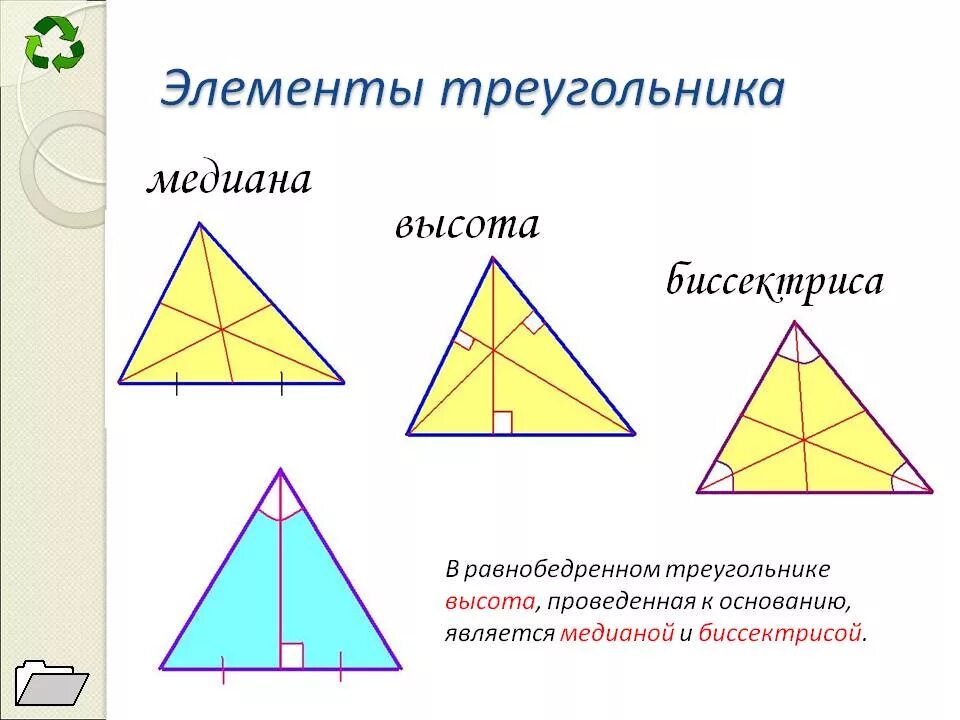 Элементами треугольника являются. Равнобедренный треугольник Медиана биссектриса и высота. Медианы биссектрисы высота в равнобедренном триуголь. Биссектриса и высота в равнобедренном треугольнике. Высота и Медиана в равнобедренном треугольнике.
