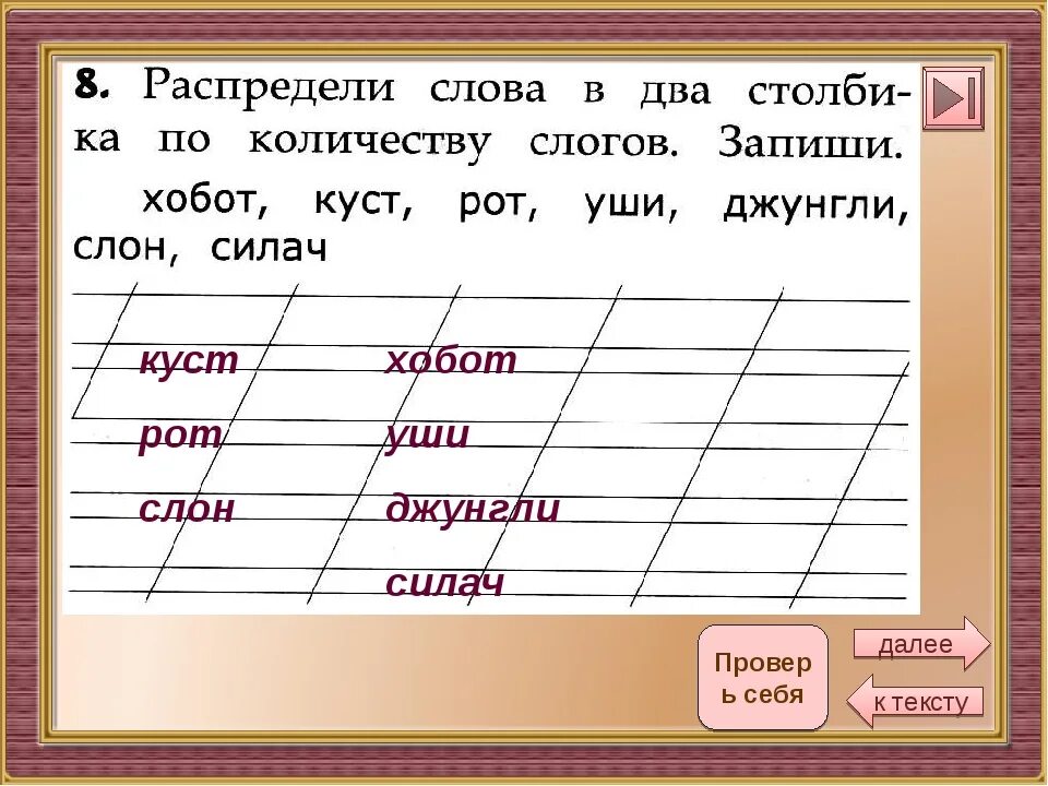 Запишите слова разделяя на две группы. Сколько слогов в слове. Как определить слоги в словах для 1 класса. Куст разделить на слоги 1 класс. Сколько слогов в слове уши.